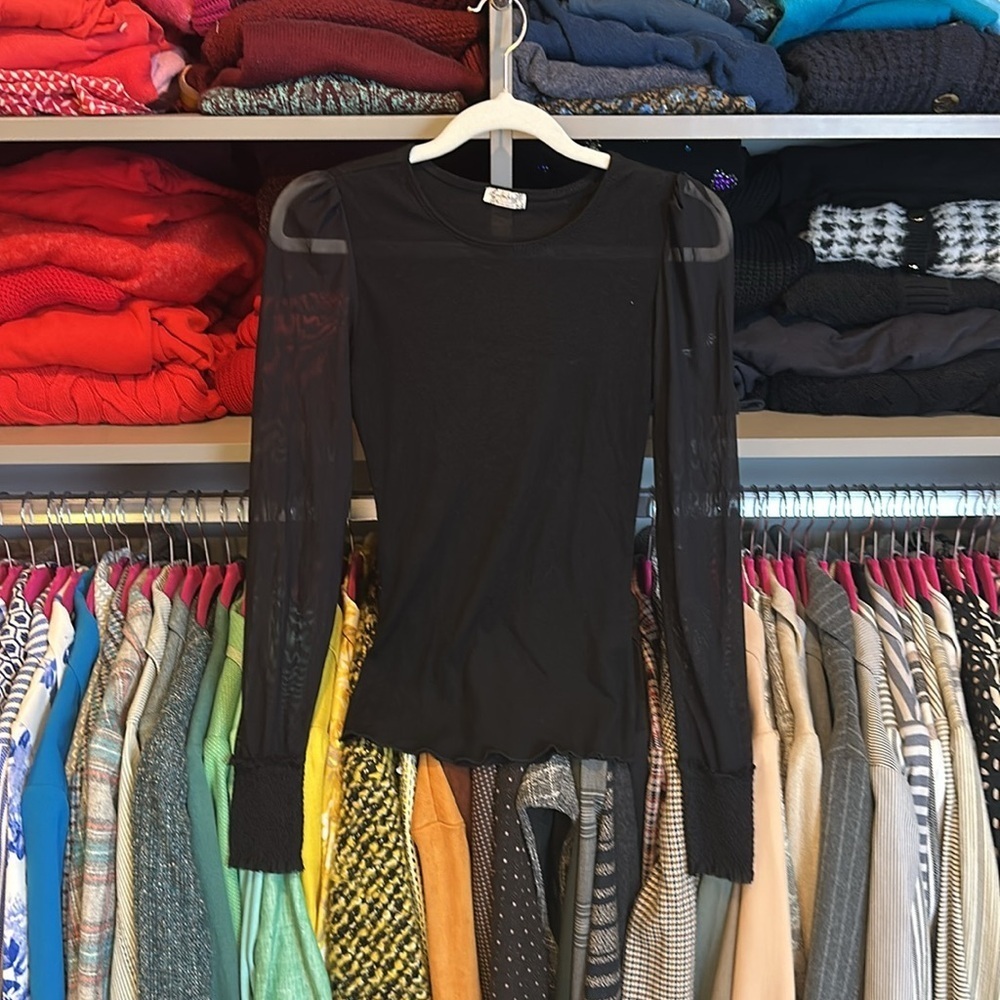 Free People black semi sheer smocked cuff long sleeve top size XS